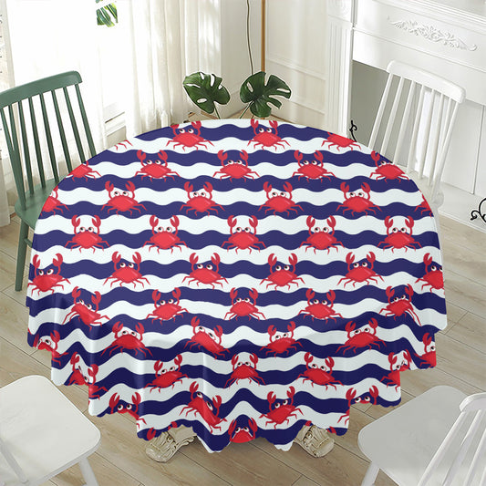 Blue And White Wave Crab Pattern Print Waterproof Round Tablecloth