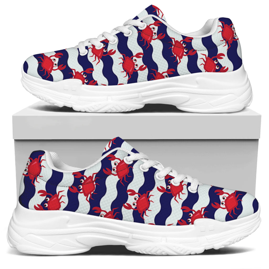 Blue And White Wave Crab Pattern Print White Chunky Shoes