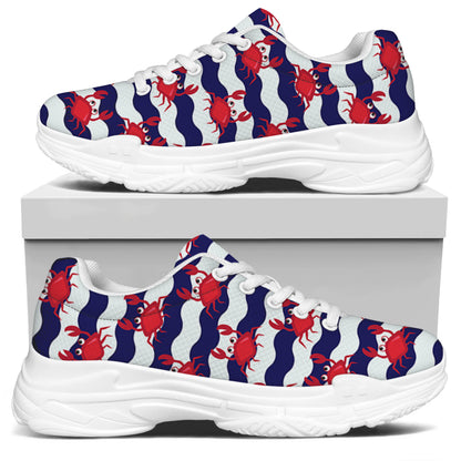 Blue And White Wave Crab Pattern Print White Chunky Shoes