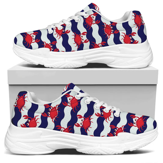 Blue And White Wave Crab Pattern Print White Chunky Shoes