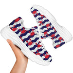 Blue And White Wave Crab Pattern Print White Chunky Shoes