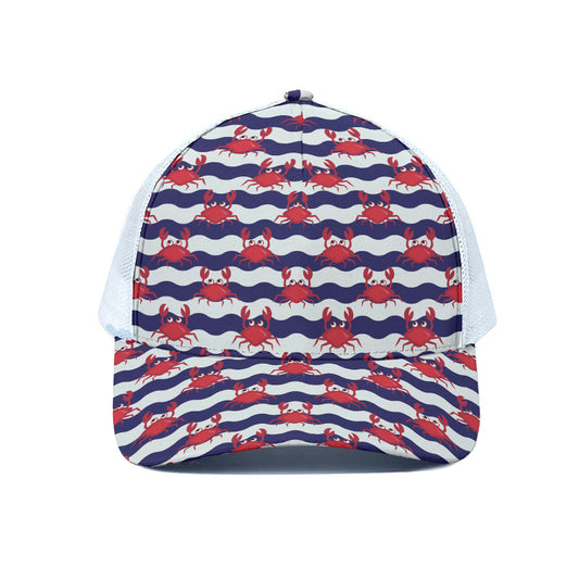 Blue And White Wave Crab Pattern Print White Mesh Trucker Cap