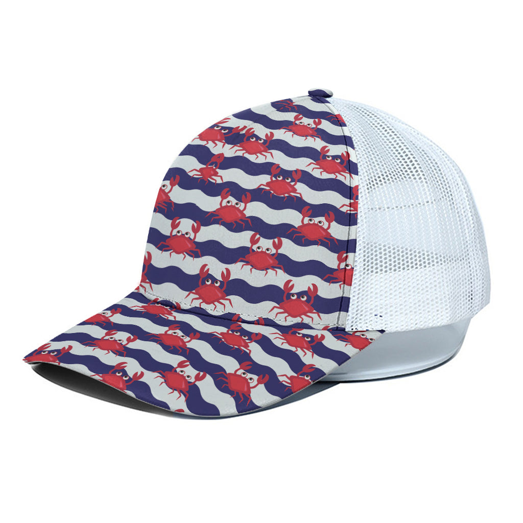 Blue And White Wave Crab Pattern Print White Mesh Trucker Cap