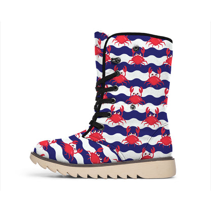 Blue And White Wave Crab Pattern Print Winter Boots