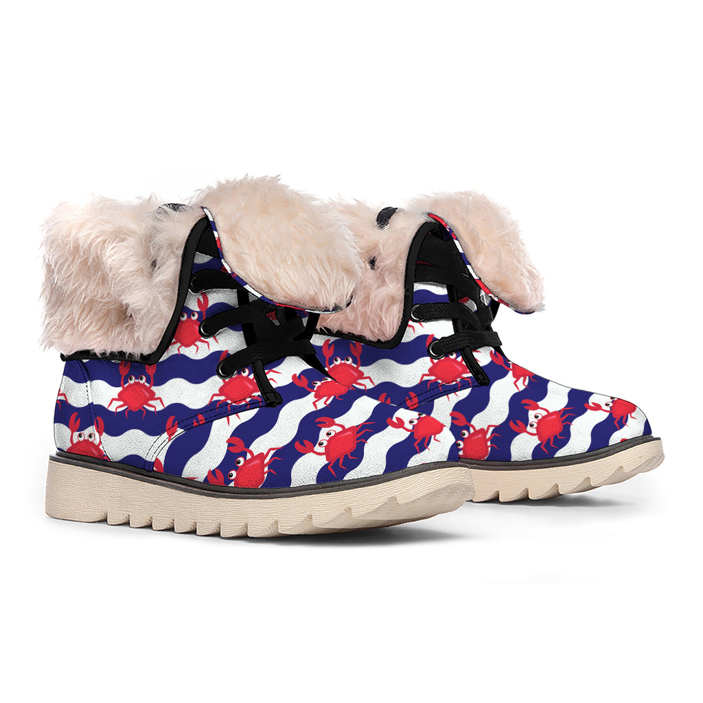Blue And White Wave Crab Pattern Print Winter Boots