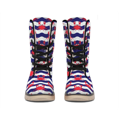 Blue And White Wave Crab Pattern Print Winter Boots
