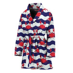 Blue And White Wave Crab Pattern Print Women's Bathrobe