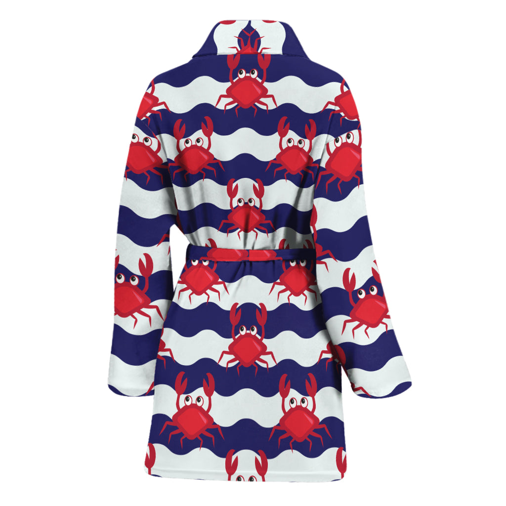 Blue And White Wave Crab Pattern Print Women's Bathrobe