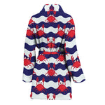 Blue And White Wave Crab Pattern Print Women's Bathrobe