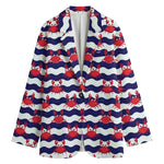 Blue And White Wave Crab Pattern Print Women's Blazer