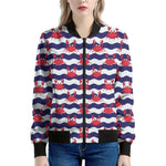 Blue And White Wave Crab Pattern Print Women's Bomber Jacket