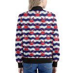 Blue And White Wave Crab Pattern Print Women's Bomber Jacket