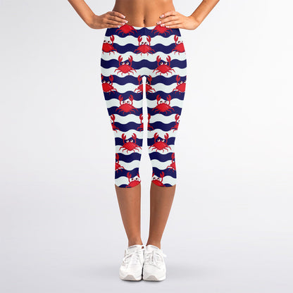 Blue And White Wave Crab Pattern Print Women's Capri Leggings
