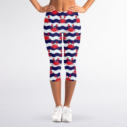 Blue And White Wave Crab Pattern Print Women's Capri Leggings