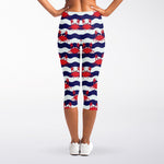 Blue And White Wave Crab Pattern Print Women's Capri Leggings
