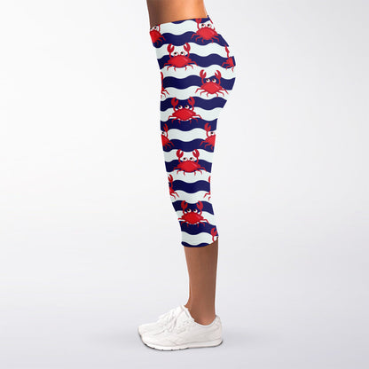 Blue And White Wave Crab Pattern Print Women's Capri Leggings