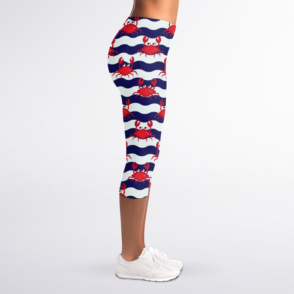 Blue And White Wave Crab Pattern Print Women's Capri Leggings