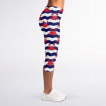 Blue And White Wave Crab Pattern Print Women's Capri Leggings