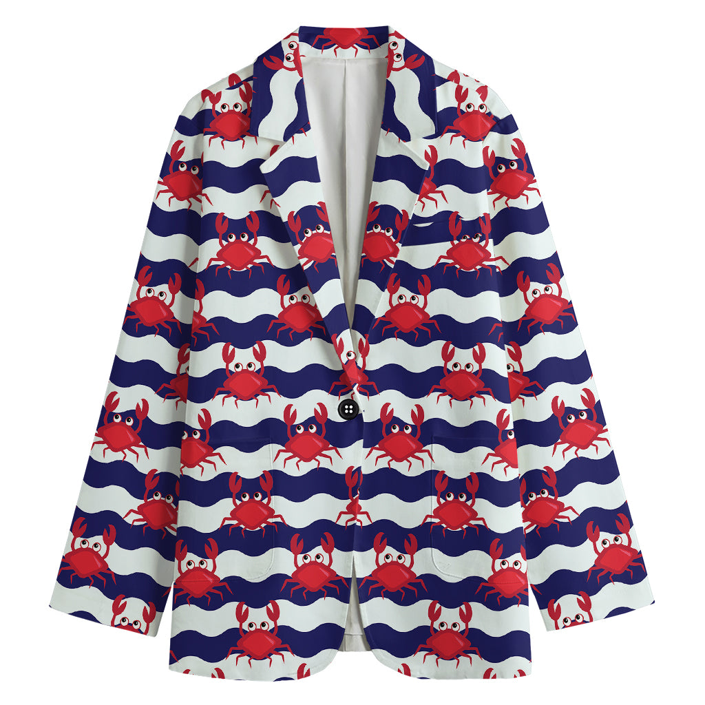 Blue And White Wave Crab Pattern Print Women's Cotton Blazer