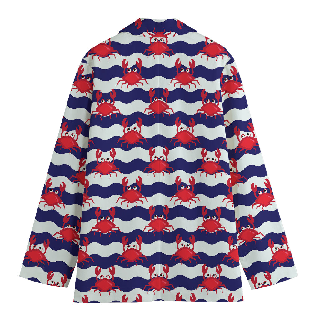 Blue And White Wave Crab Pattern Print Women's Cotton Blazer