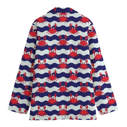 Blue And White Wave Crab Pattern Print Women's Cotton Blazer