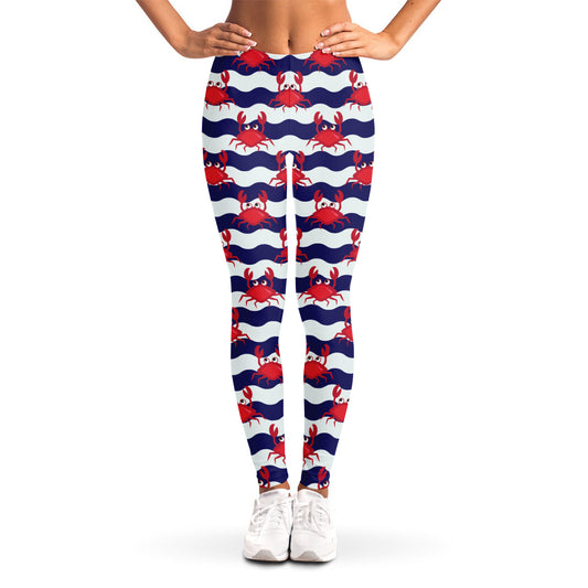 Blue And White Wave Crab Pattern Print Women's Leggings