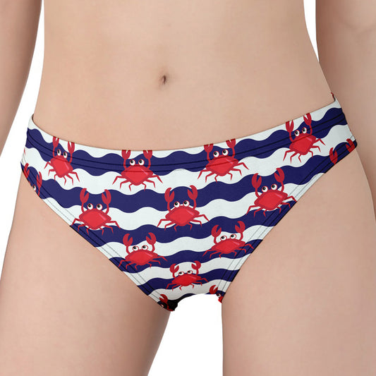 Blue And White Wave Crab Pattern Print Women's Panties