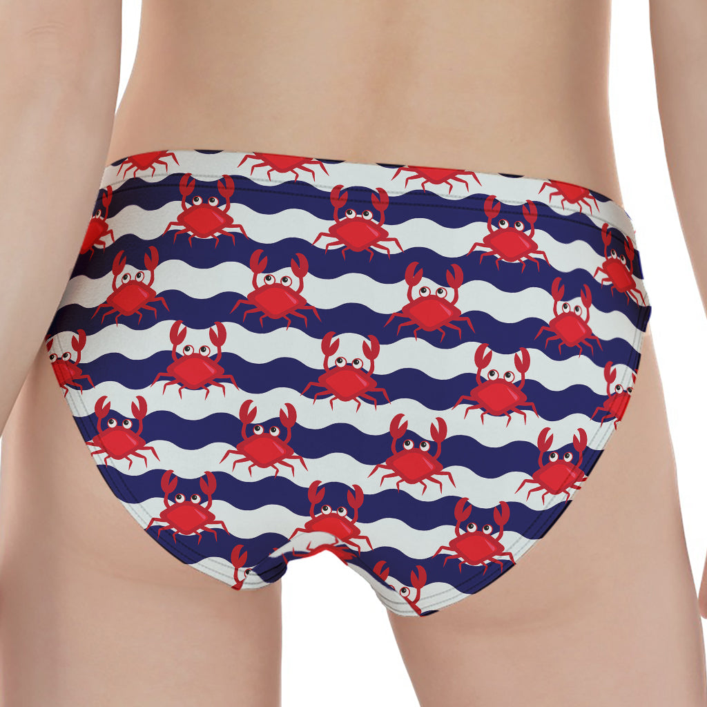 Blue And White Wave Crab Pattern Print Women's Panties