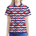 Blue And White Wave Crab Pattern Print Women's Polo Shirt