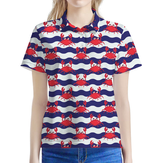 Blue And White Wave Crab Pattern Print Women's Polo Shirt