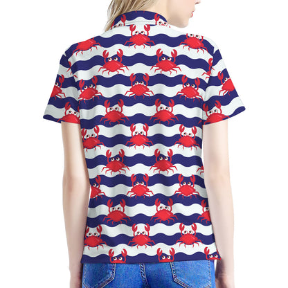 Blue And White Wave Crab Pattern Print Women's Polo Shirt