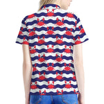 Blue And White Wave Crab Pattern Print Women's Polo Shirt