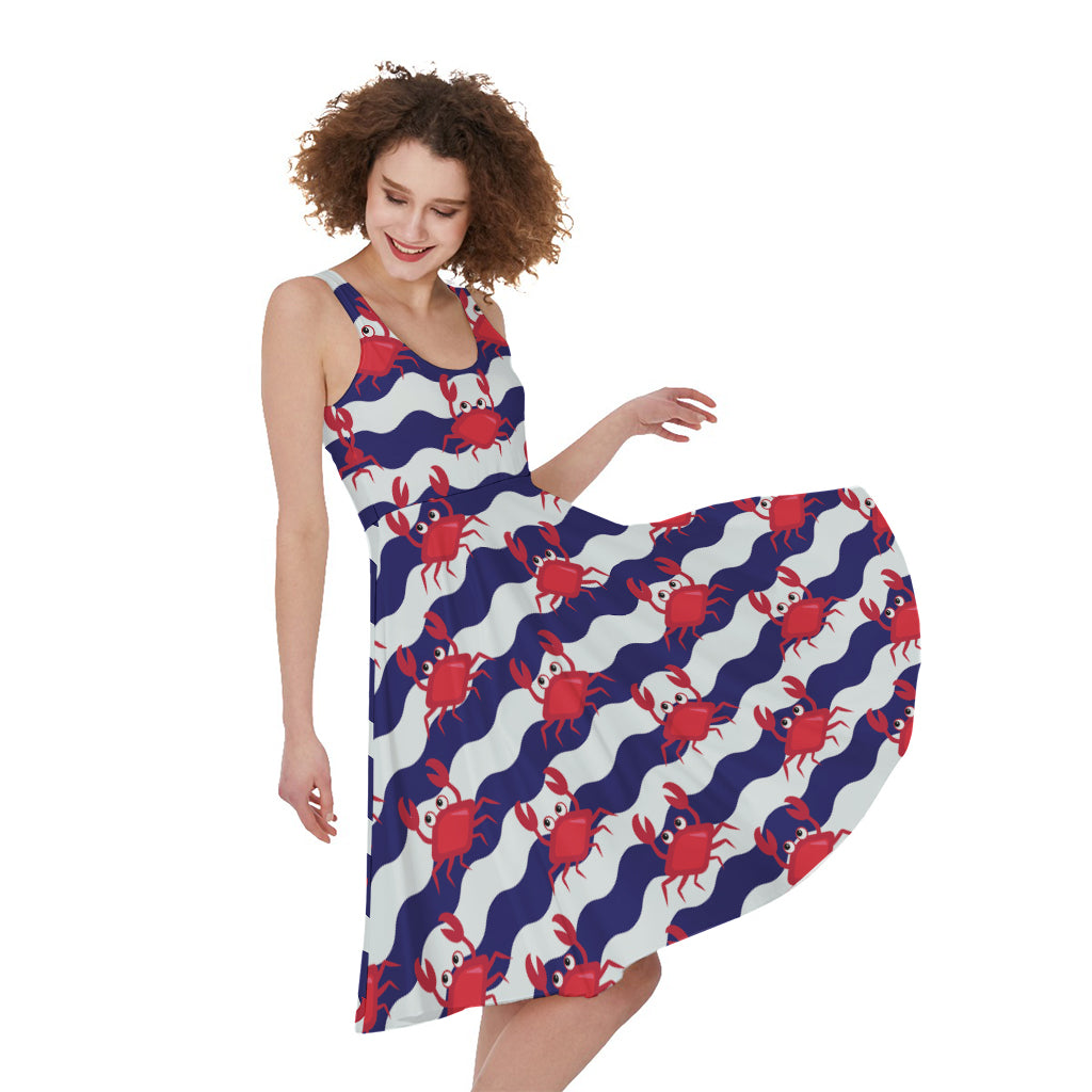 Blue And White Wave Crab Pattern Print Women's Sleeveless Dress