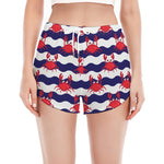 Blue And White Wave Crab Pattern Print Women's Split Running Shorts