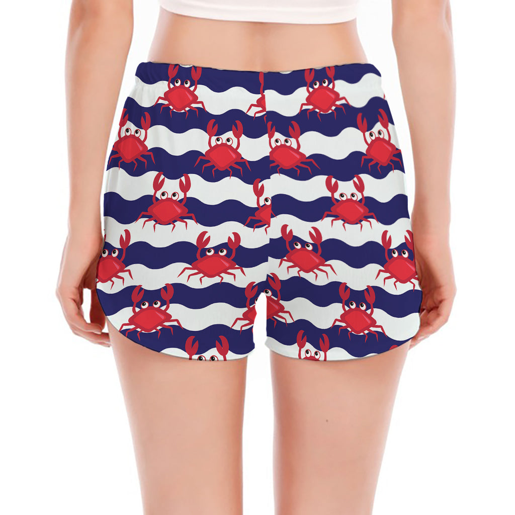 Blue And White Wave Crab Pattern Print Women's Split Running Shorts