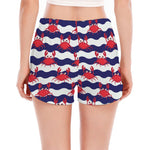 Blue And White Wave Crab Pattern Print Women's Split Running Shorts