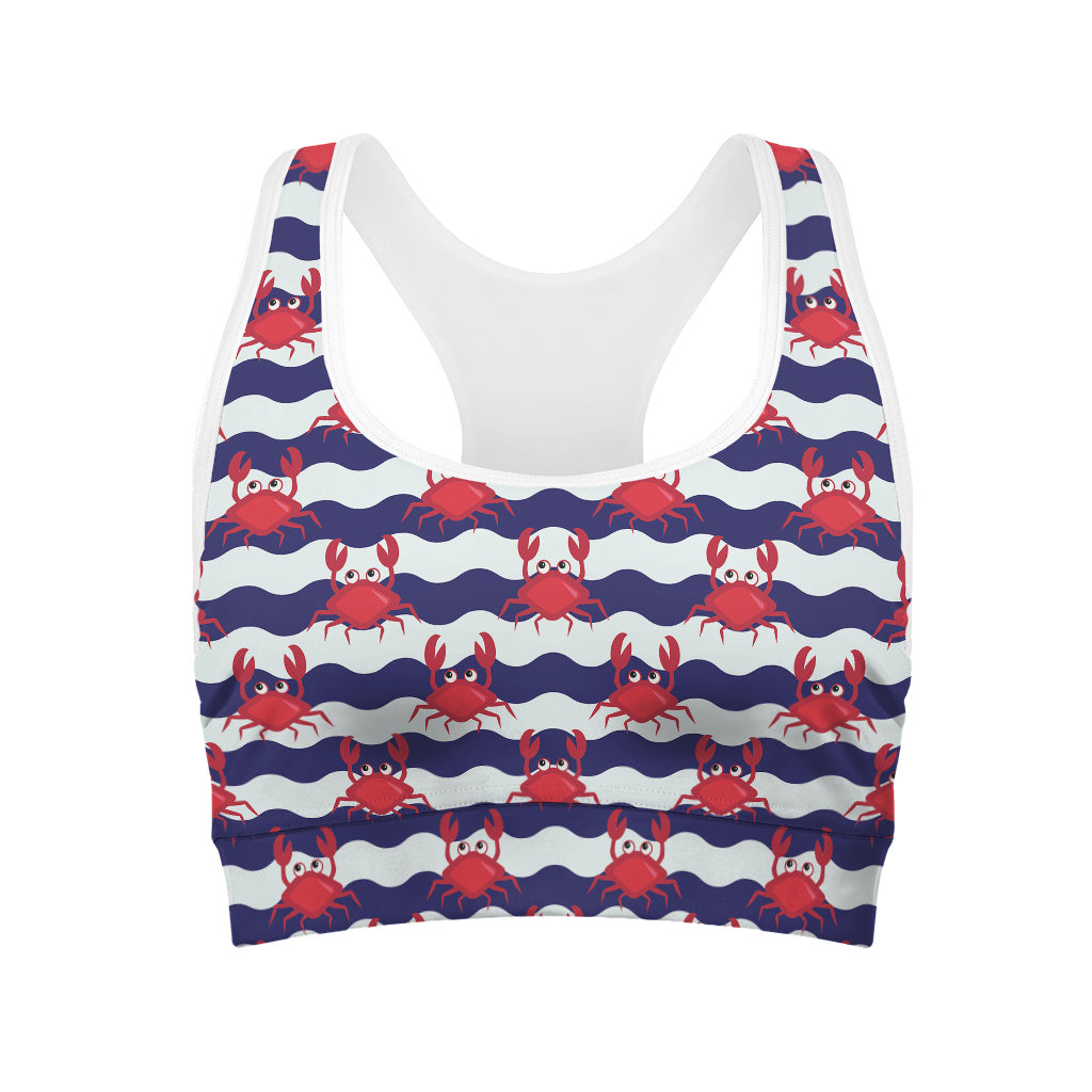 Blue And White Wave Crab Pattern Print Women's Sports Bra