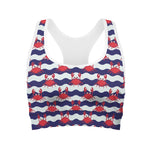 Blue And White Wave Crab Pattern Print Women's Sports Bra