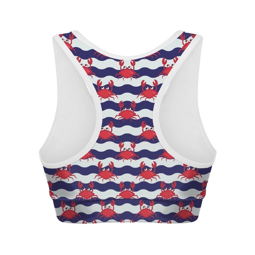 Blue And White Wave Crab Pattern Print Women's Sports Bra
