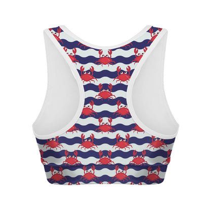 Blue And White Wave Crab Pattern Print Women's Sports Bra