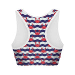 Blue And White Wave Crab Pattern Print Women's Sports Bra