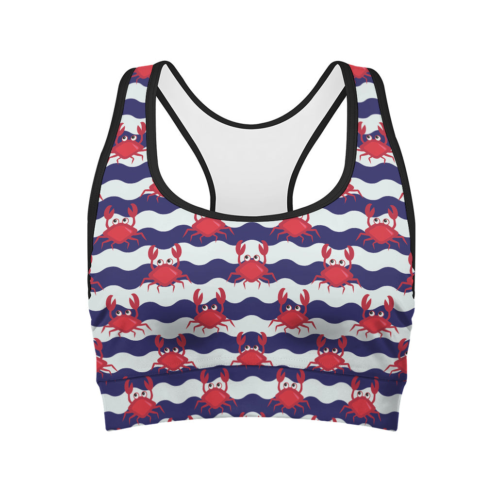 Blue And White Wave Crab Pattern Print Women's Sports Bra