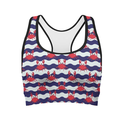 Blue And White Wave Crab Pattern Print Women's Sports Bra