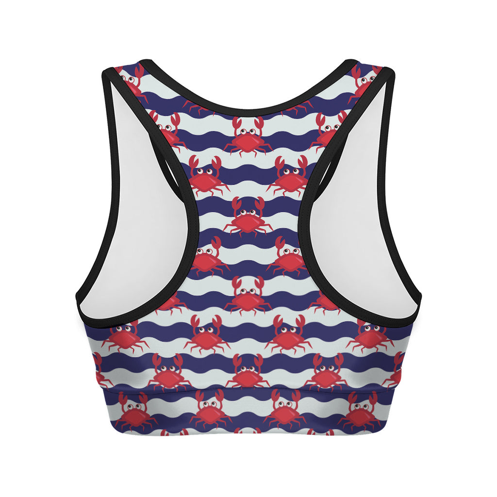 Blue And White Wave Crab Pattern Print Women's Sports Bra