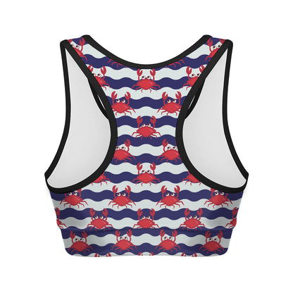 Blue And White Wave Crab Pattern Print Women's Sports Bra