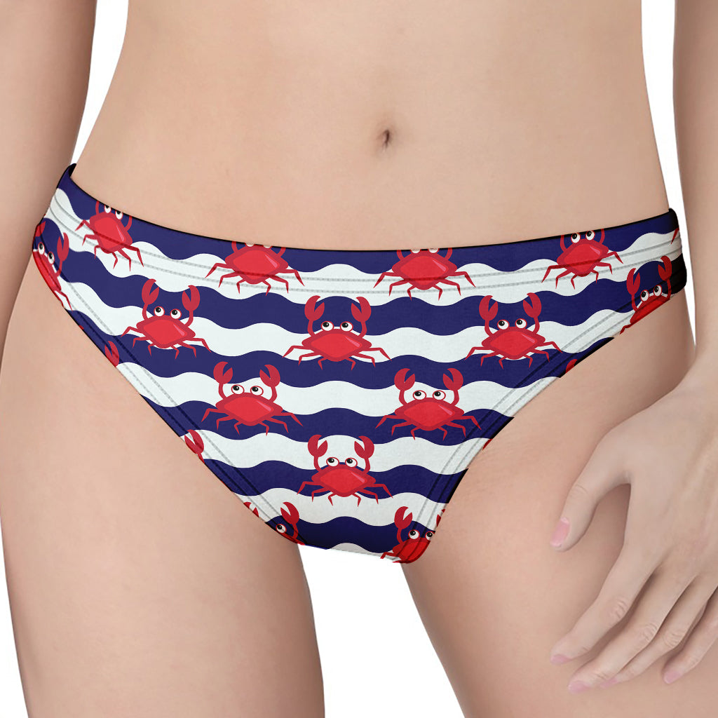 Blue And White Wave Crab Pattern Print Women's Thong