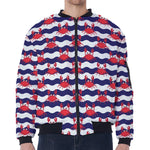 Blue And White Wave Crab Pattern Print Zip Sleeve Bomber Jacket