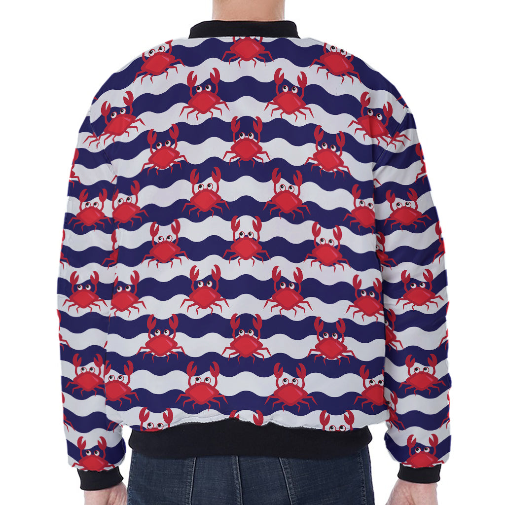 Blue And White Wave Crab Pattern Print Zip Sleeve Bomber Jacket