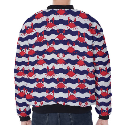 Blue And White Wave Crab Pattern Print Zip Sleeve Bomber Jacket
