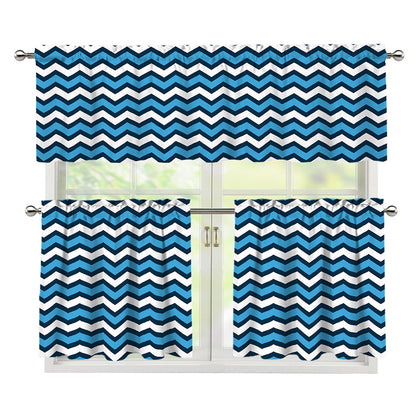 Blue And White Zigzag Pattern Print 3 Piece Kitchen Curtains